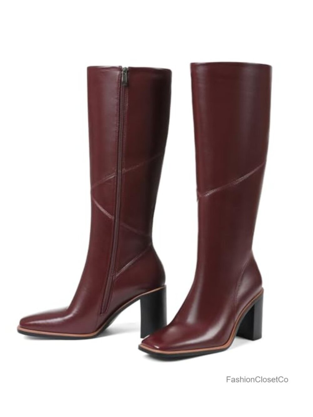 Women's Knee High Boots Chunky Heel Square Toe Leather Zip Up Waterproof Wide